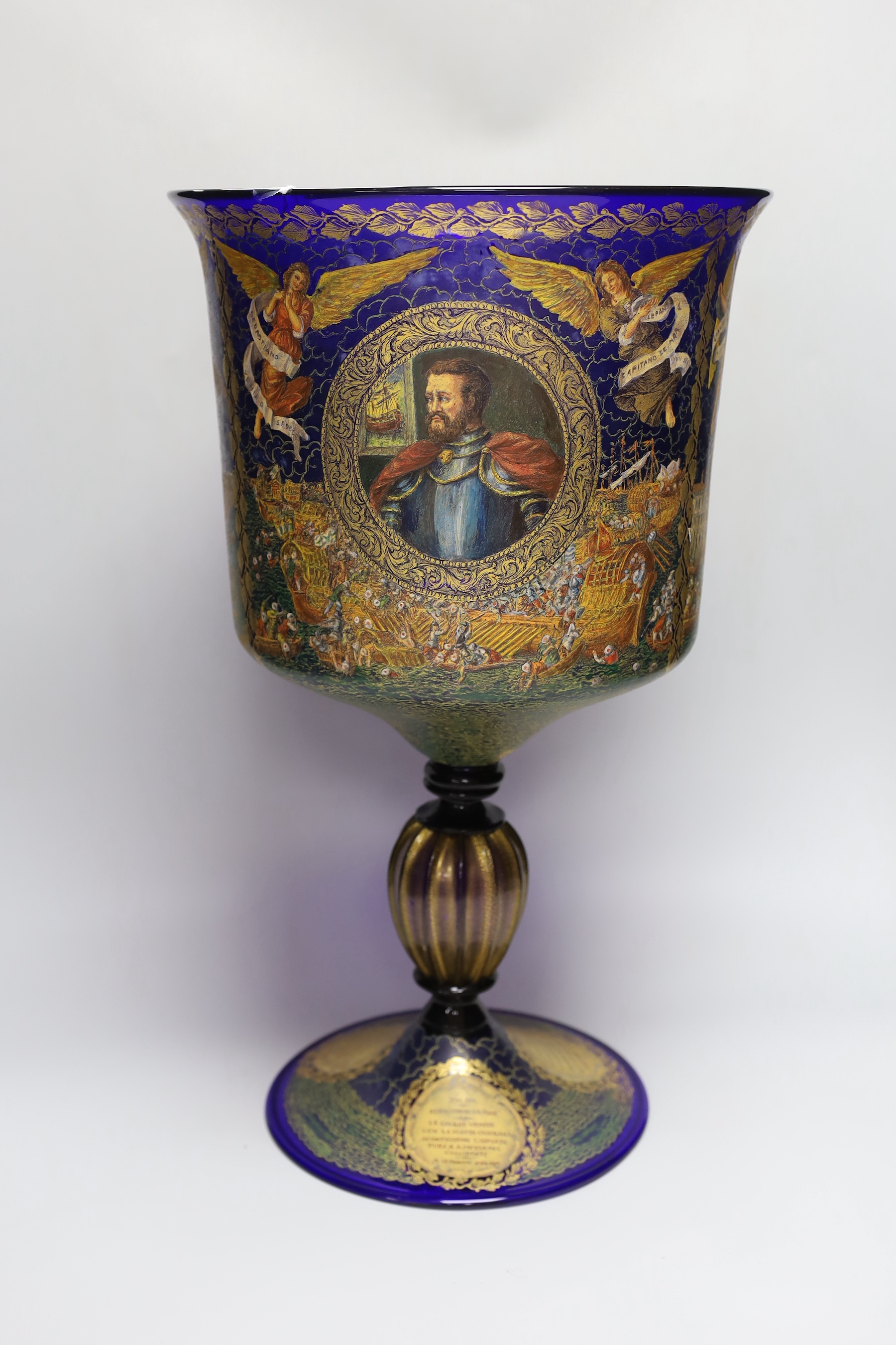 A large Barovier style Murano enamelled and gilded glass presentation goblet, 51cm